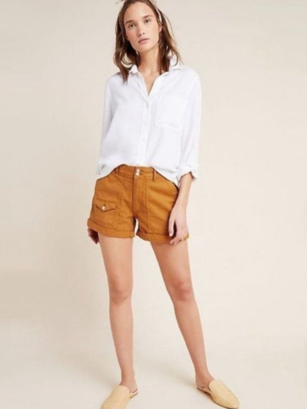Anthropologie Wanderer Cargo Cotton Linen Shorts in Bronze Brown